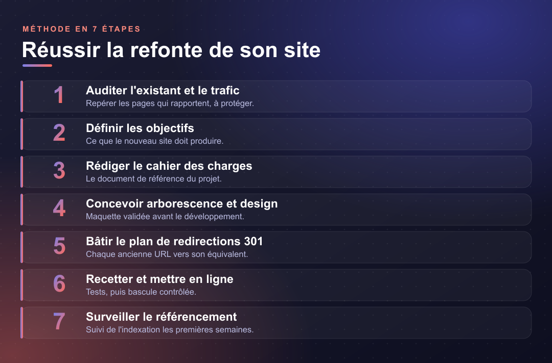 Infographie des 7 étapes d'une refonte de site internet réussie