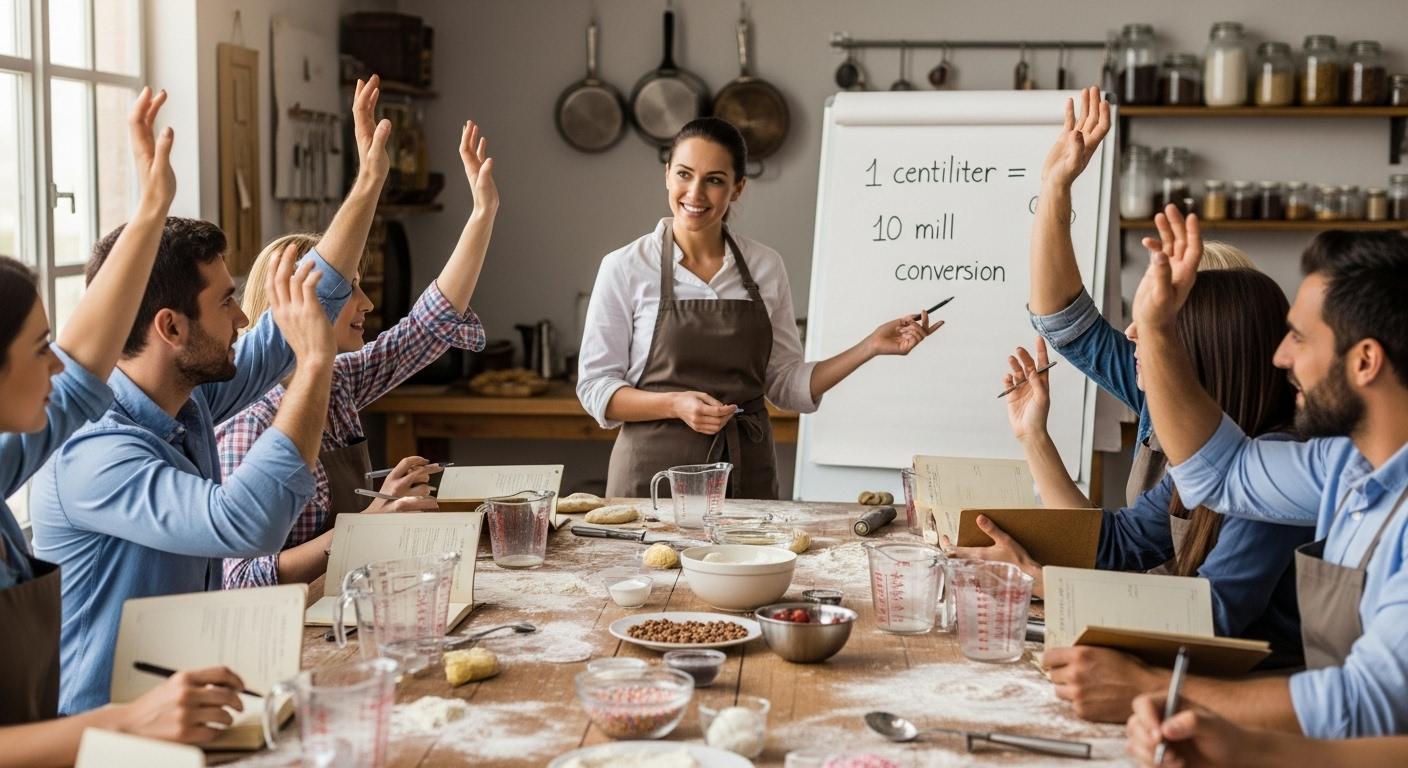 Un atelier pâtisserie convivial, avec plusieurs personnes autour d’une table, levant la main, un carnet de cuisine et un verre doseur posés devant eux, et une experte souriante expliquant la conversion entre centilitres et millilitres.