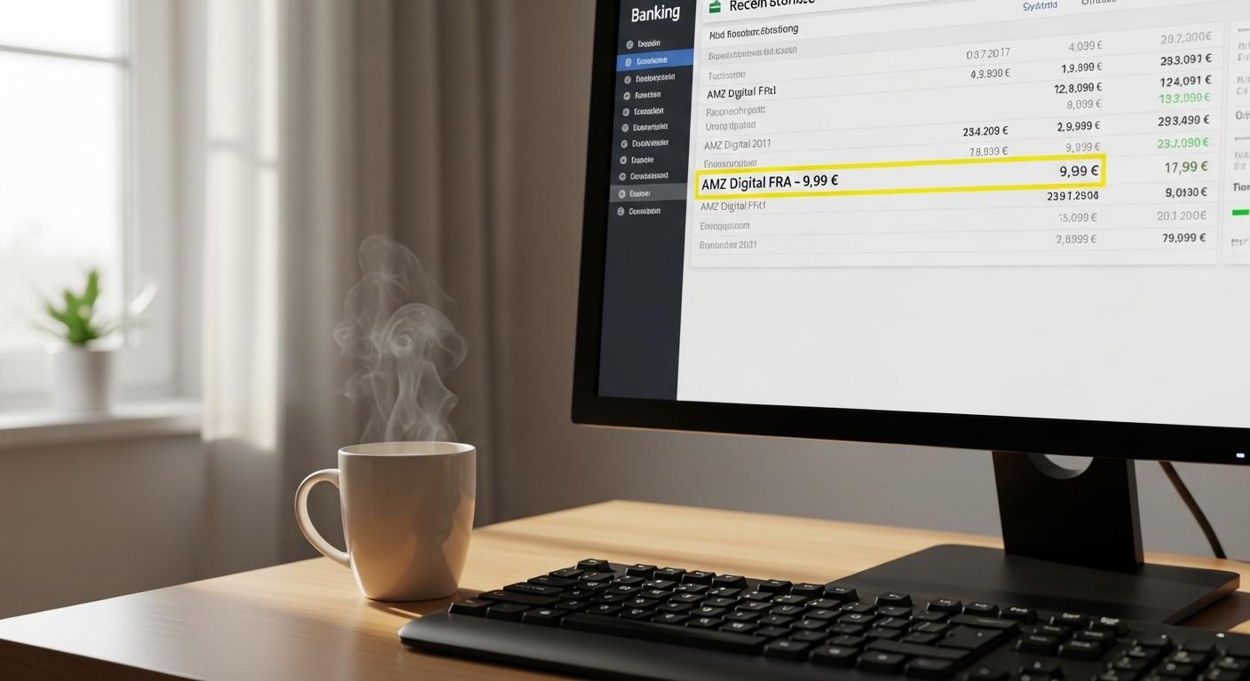 Un écran d’ordinateur affichant un relevé bancaire en ligne avec la ligne « AMZ Digital FRA – 9,99 € » surlignée, une tasse de café posée à côté du clavier, dans un appartement lumineux au petit matin.