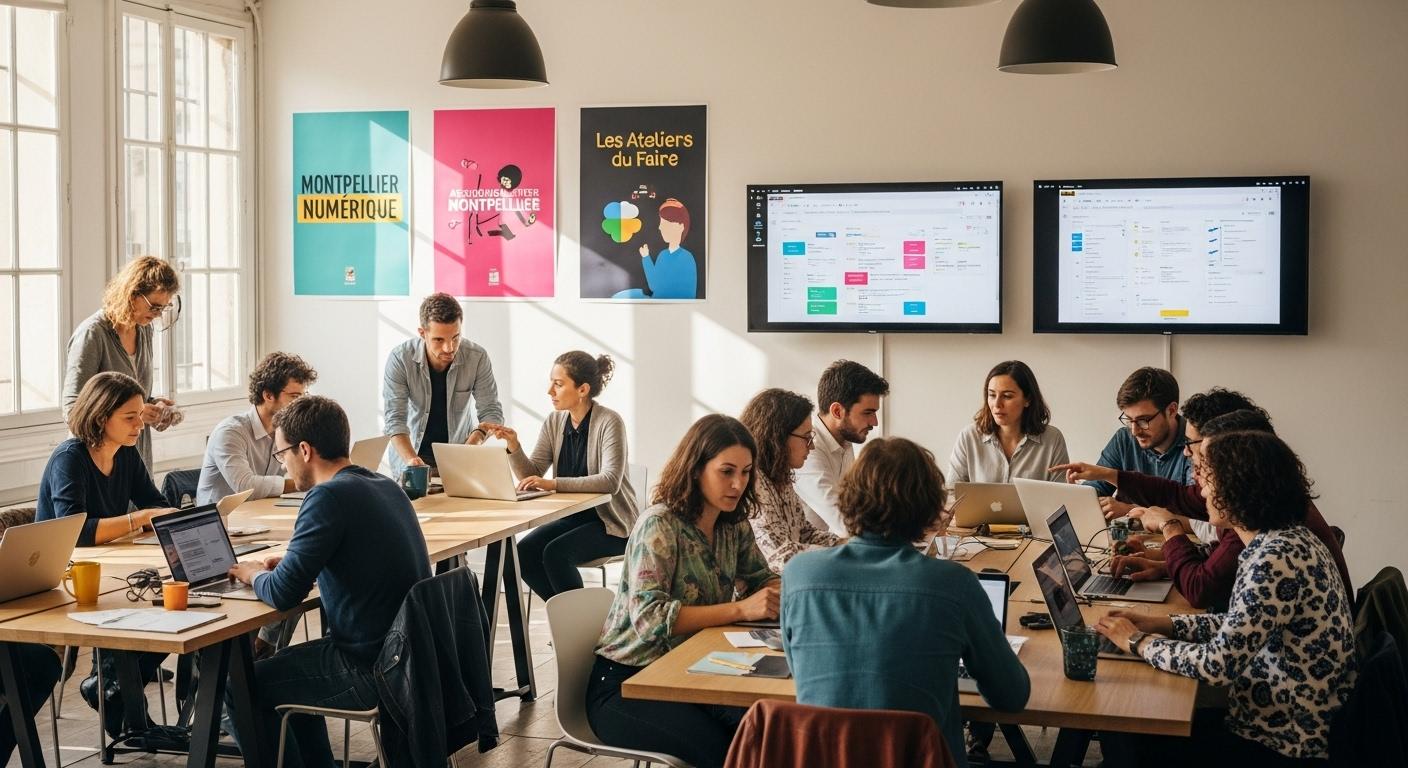 Un groupe de Montpelliérains de tous âges, réunis dans un espace lumineux autour d’ordinateurs portables et de tablettes, collaborant sur des projets numériques, avec en arrière-plan des affiches d’associations locales et des écrans affichant des outils collaboratifs.
