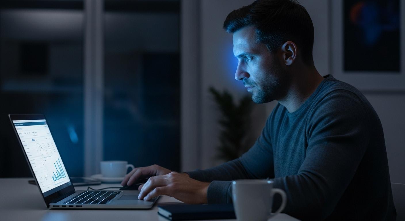 Un homme assis à son bureau consulte son ordinateur portable, le visage concentré, tandis qu’une lumière bleutée se reflète sur son visage, symbolisant la vigilance nécessaire face aux cybermenaces lors de la gestion de ses comptes bancaires en ligne.