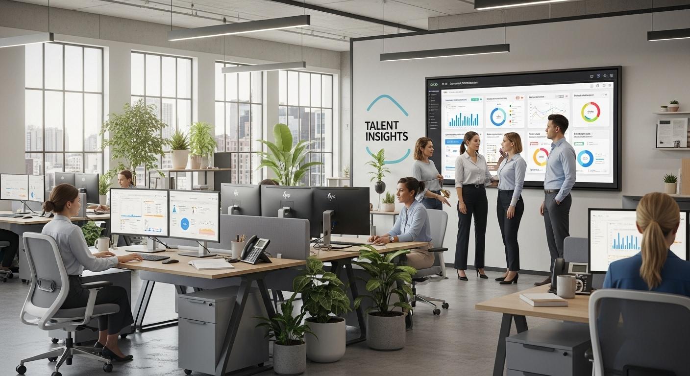 Un open-space lumineux où plusieurs collaborateurs RH travaillent sereinement sur des postes informatiques modernes, échangeant autour d’un écran affichant un tableau de bord RH digitalisé.