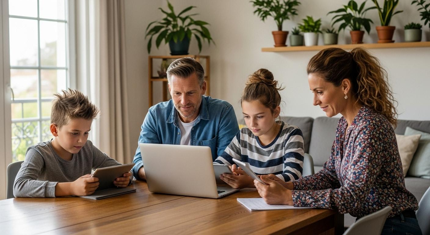 Une famille réunie autour d'une table, chacun devant un ordinateur ou une tablette, consultant l'espace numérique scolaire dans un salon lumineux.
