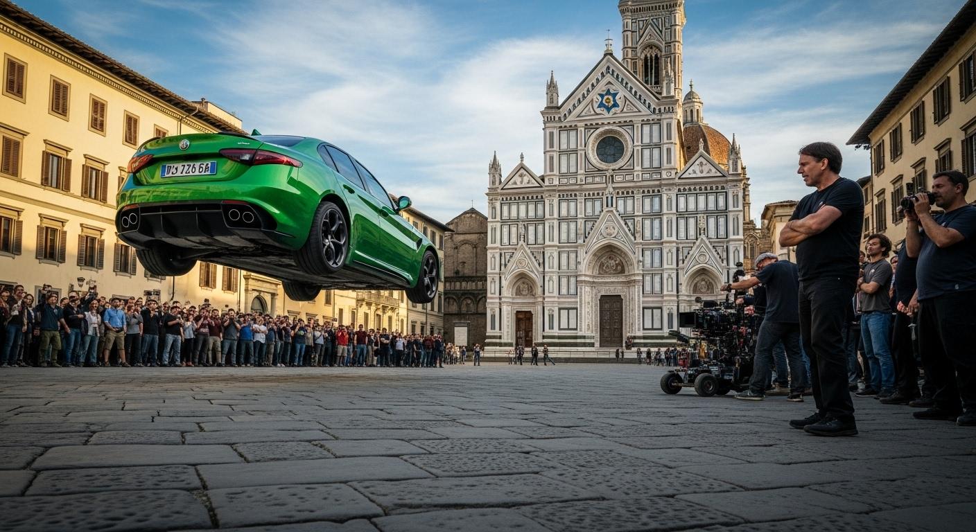 Sur la place Santa Croce à Florence, une Alfa Romeo Giulia Quadrifoglio verte bondit sur les pavés devant une foule de figurants retenant leur souffle, sous le regard impressionné de Michael Bay et des techniciens du tournage.