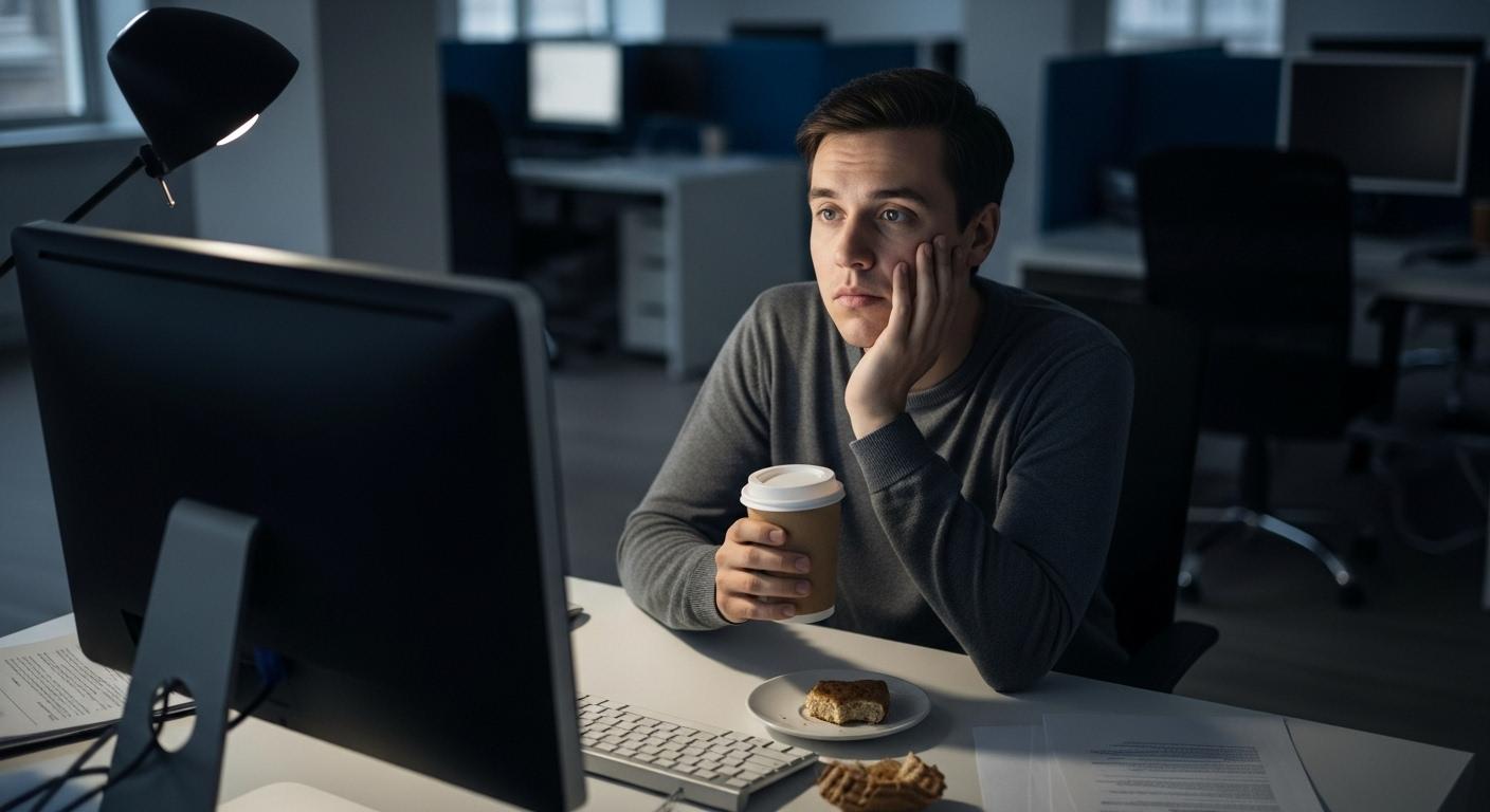 Un bureau avec un ordinateur allumé devant lequel une personne semble pensive, le regard perdu, une tasse de café à la main, illustrant la perte de motivation au travail.