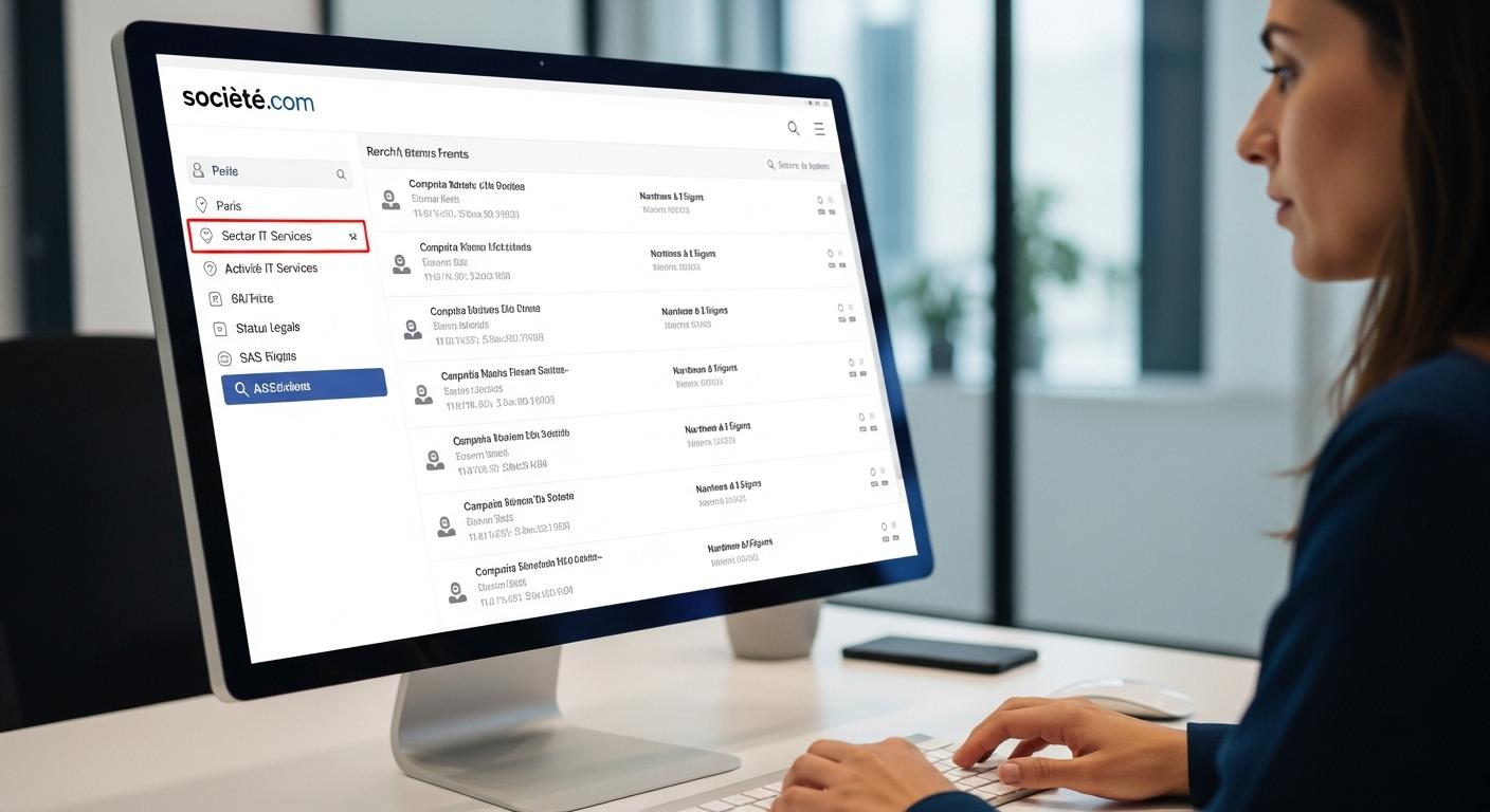 Un écran d’ordinateur affichant la page de résultats de societe.com, avec des listes d’entreprises françaises, des informations claires et des filtres utilisés par une personne concentrée assise à un bureau moderne