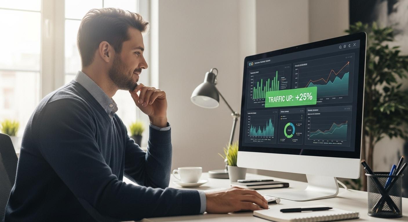 Un professionnel du digital, assis à son bureau, observe son écran d’ordinateur affichant des statistiques de trafic en hausse, avec un air satisfait et soulagé.