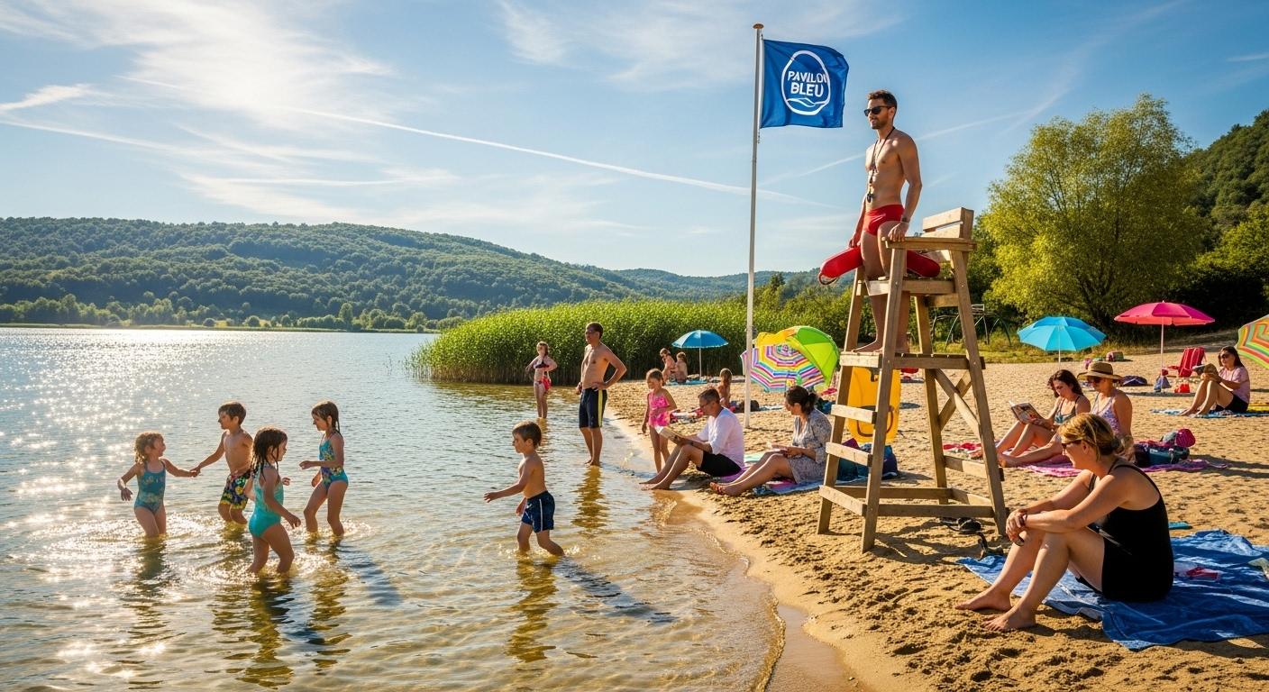 Une plage surveillée au bord du lac de Sèchemailles, des enfants jouent dans l’eau claire sous le regard bienveillant d’un maître-nageur, tandis que des familles se détendent sur le sable et que le Pavillon Bleu flotte fièrement.