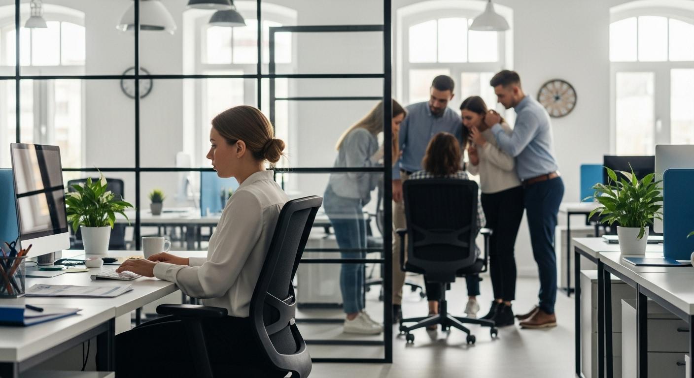 Une salariée assise seule à son bureau dans un open space moderne, pendant que ses collègues discutent à voix basse un peu plus loin, jetant des regards gênés dans sa direction.